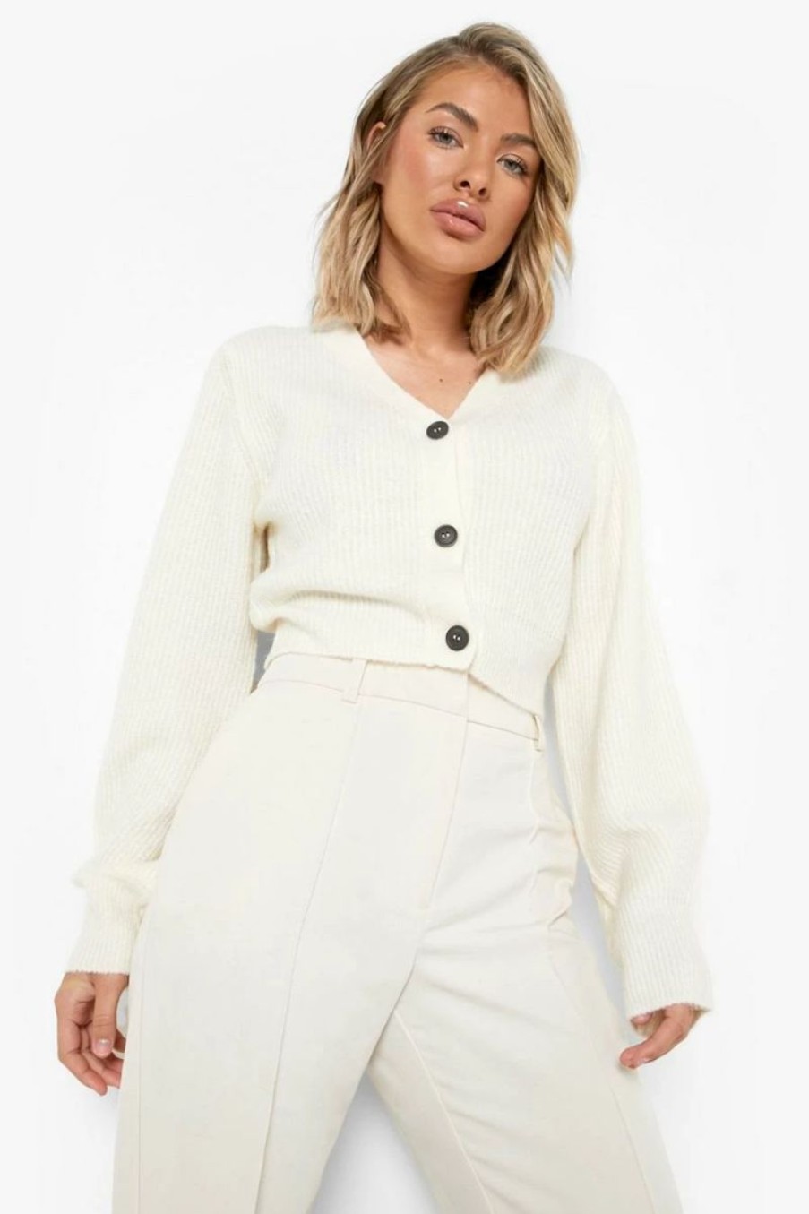 * Balloon Sleeve Cropped Cardigan White