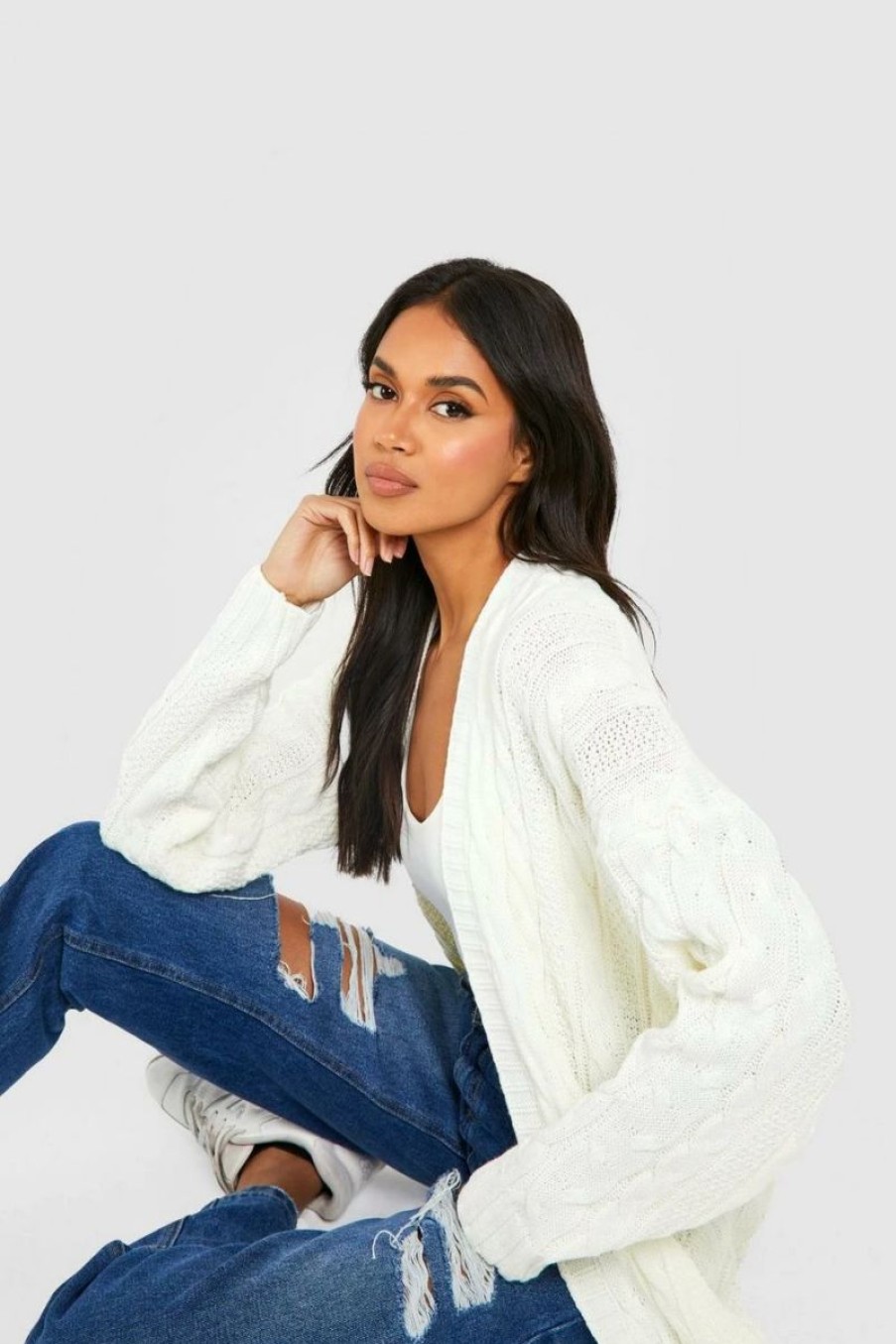 * Oversized Slouchy Cable Knit Cardigan White