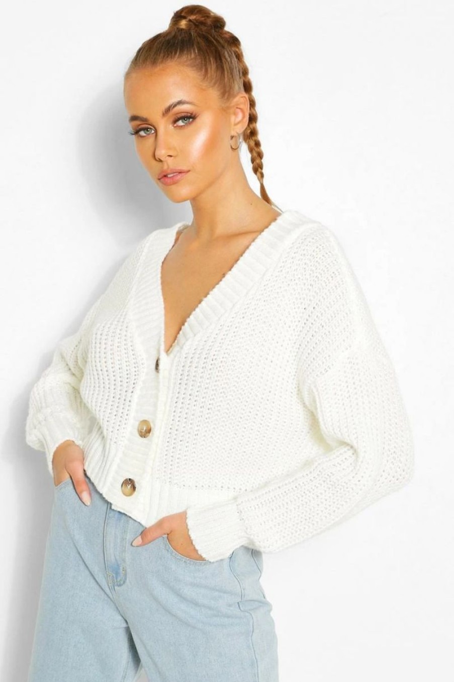 * Chunky Knit Cropped Cardigan White