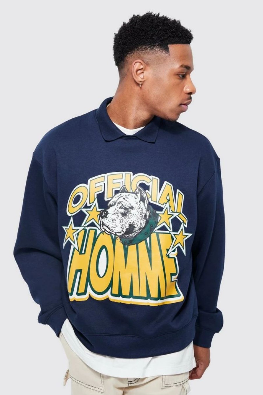 * Oversized Boxy Varsity Graphic Sweat Polo Printed Sweatshirt