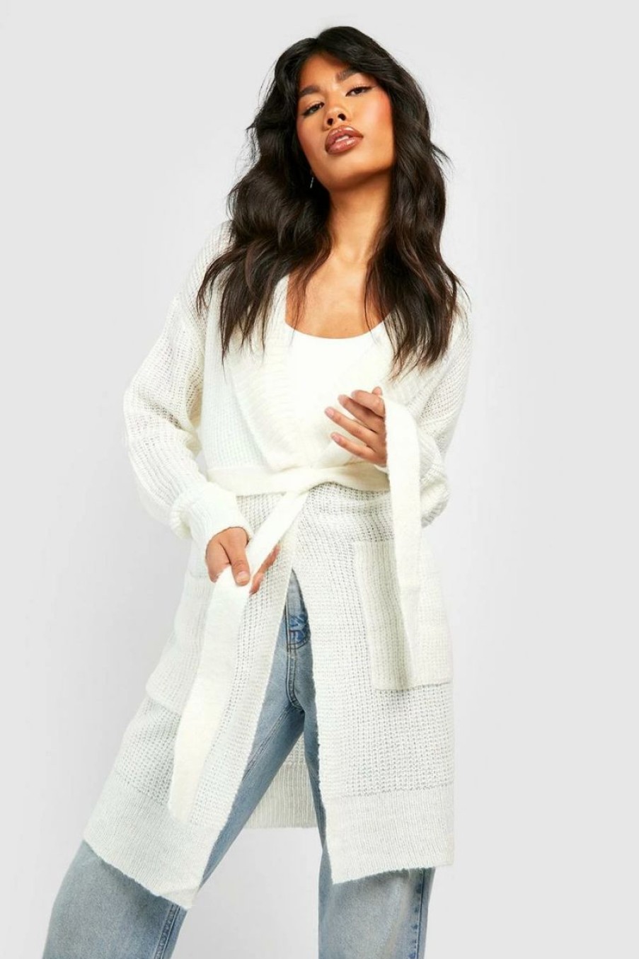 * Soft Knit Belted Long Cardigan White