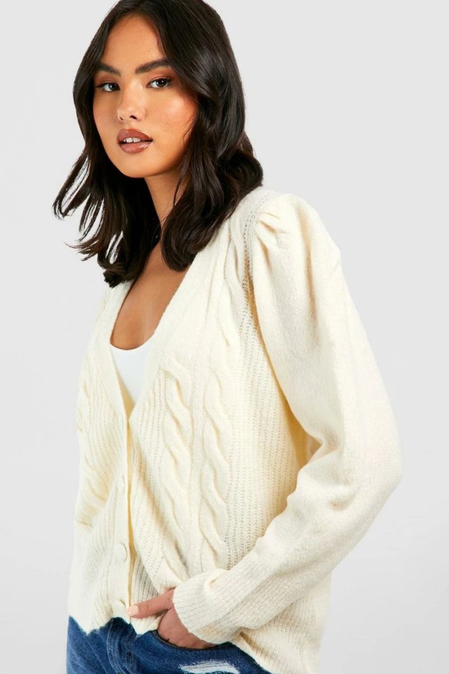 * Puff Sleeve Cable Knit Cardigan White