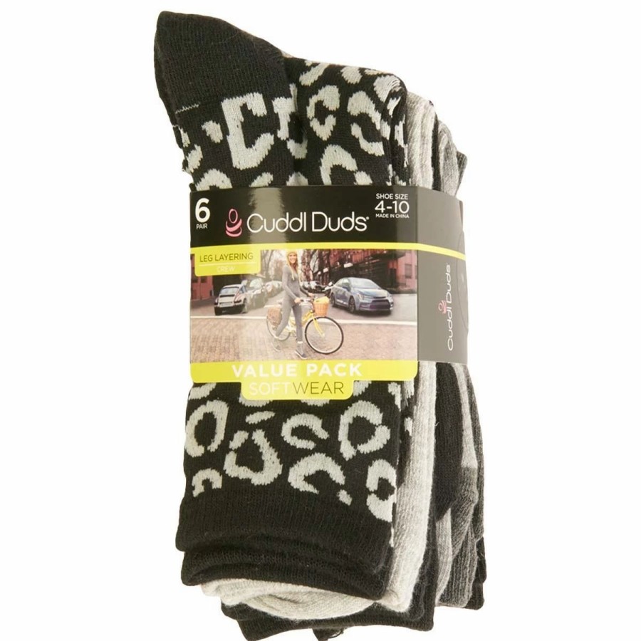 * Basics Womens Cuddl Duds 6Pk. Large Leopard Texture Crew Socks Black Basics